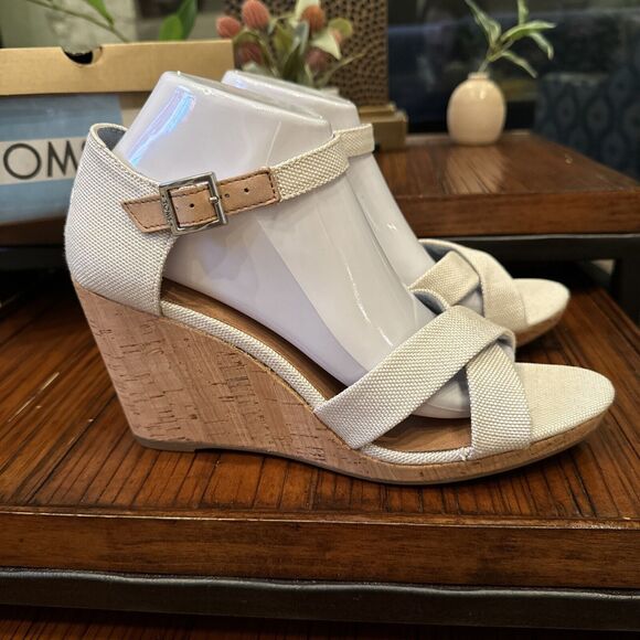 TOMS Sandals New Womens 10 Ankle Strap Natural Cork Sienna Wedge Beige Canvas - Picture 4 of 11